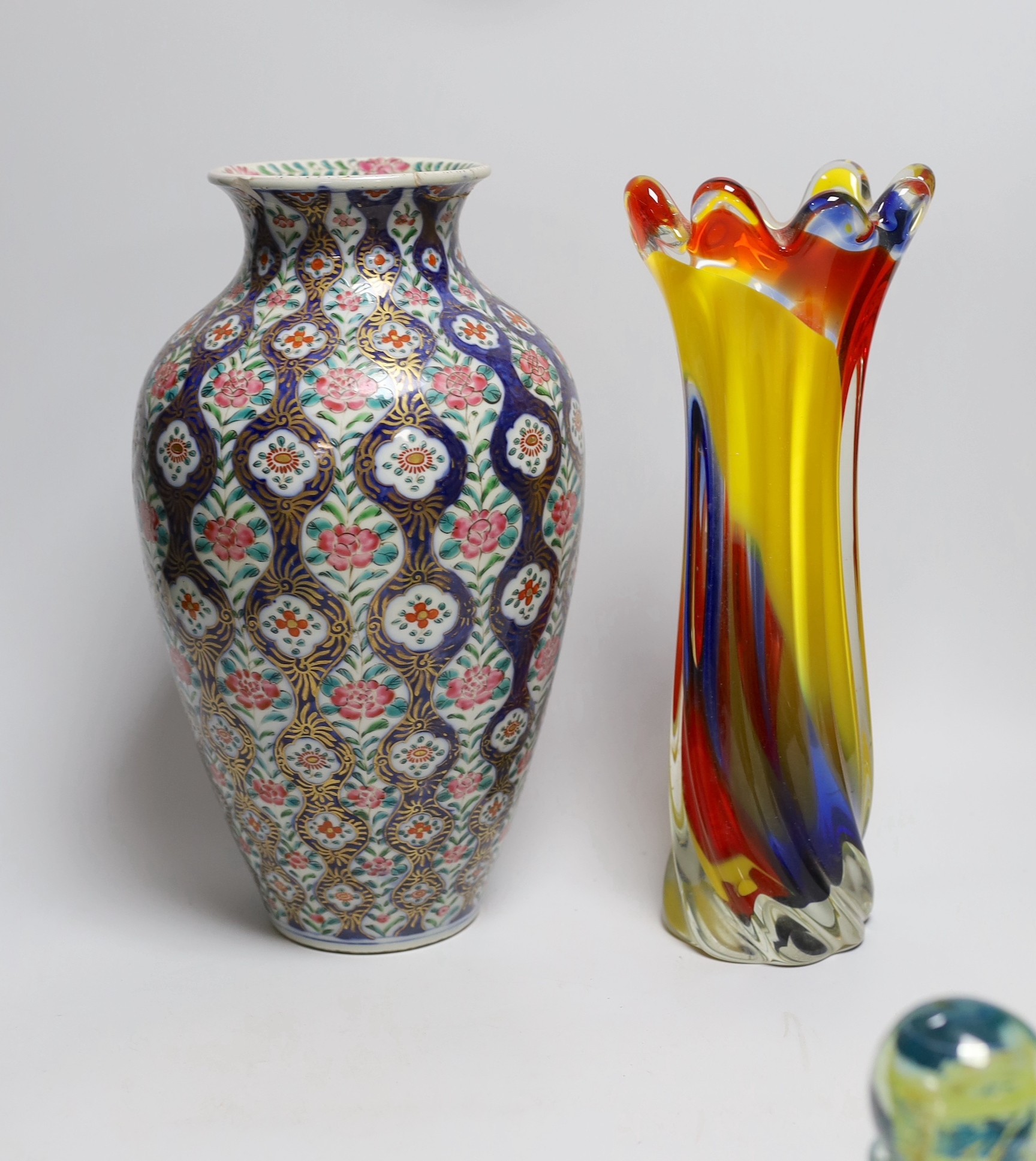 Various art glass bowls, a scent bottle and vase, a Continental ceramic vase and a Franklin mint horse (7)